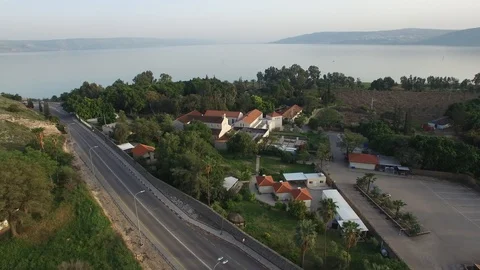 Flying around Church Multiplication complex at Tabgha. Israel. DJI-0170-02 Stock-Footage 124402071
