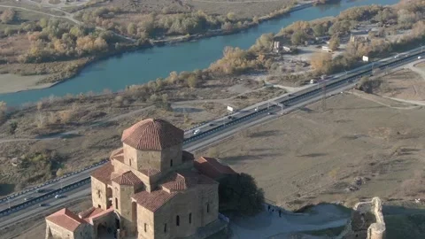 Flying around the historic Jvari monastery near Mtskheta in eastern Georgia. Stock Footage 237637378