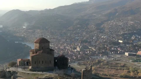 Flying around the historic Jvari monastery near Mtskheta in eastern Georgia. Stock Footage 237637730