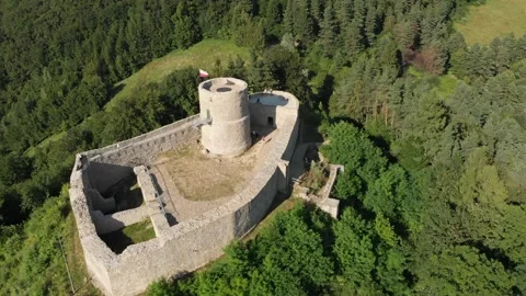 Flying around medieval castle on top of mountain in middle of forest Stock Footage 140913383