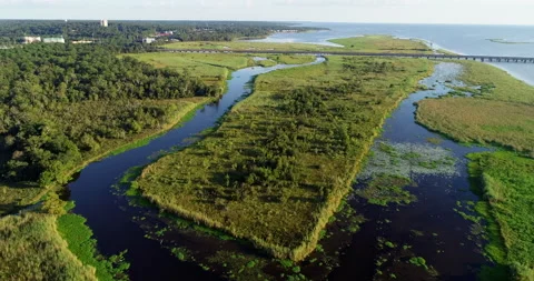 Flying around Mobile Bay Stock Footage 146651562