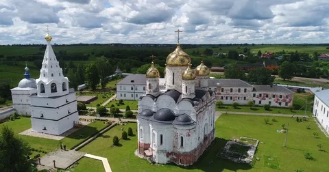 Flying around the monastery Stock Footage