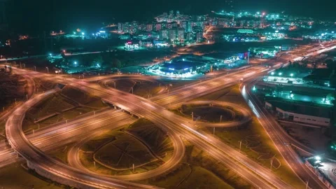 Flying around a multi-level stack interchange. Aerial drone video footage. Blue Stock Footage 224143017
