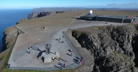 Flying around the North Cape globe monument Stockbeeldmateriaal 70188453