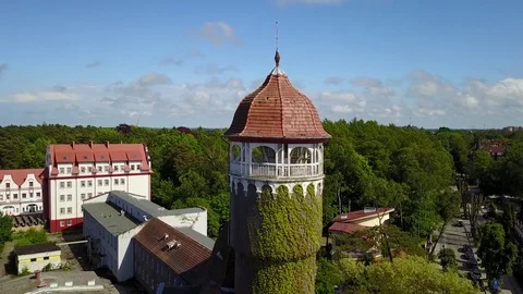 Flying around Rauschen Water Tower Stock Footage 76859054