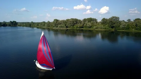 Flying around the yacht on the river Dnipro in summer. Aerial drone footage. Stock Footage 127842553