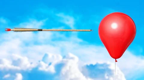 Flying arrow is going directly to red balloon, 3d illustration Stock Illustration