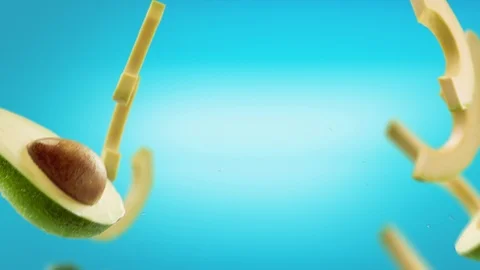 Flying of Avocado and Slices in Ice Blue Background Stock Footage 123503473