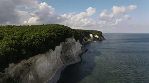 Flying Away From Chalk Cliffs, Blue Sea, Waves, Blue Sky Video stock 139521024