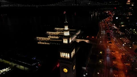 Flying Away from Ferry Building San Francisco Embarcadero at Night Stock Footage 207372011
