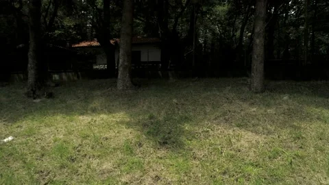 Flying away through an old rusted swing in a deserted park sorrounded by Vídeo Stock 131582777