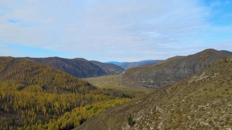 Flying back camera beautiful autumn mountain landscape. river in the distance Stock Footage 145609984