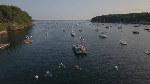 Flying back low over boats in Rockport Marine Park in Maine Vídeo Stock 345460660