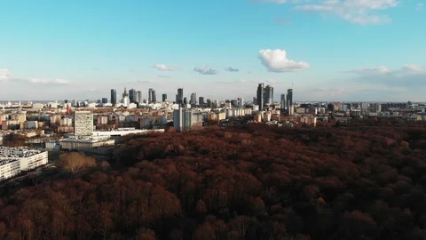 Flying back over the orange colour trees of Powązki Cemetery in Warsaw, Poland Stock Footage 127471509