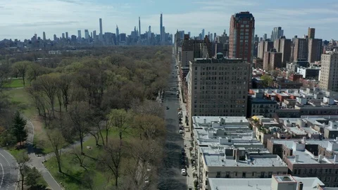 Flying backwards along north end of Central Park West in NYC Stock Footage 127948382