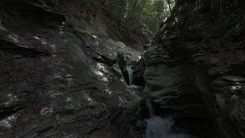 Flying backwards along a river with small waterfalls Stock Footage 288717519