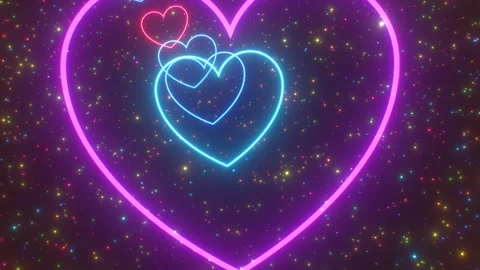 Flying Backwards Fast At Warp Speed Through Neon Heart Glowing Tunnel Stock Footage 242531018