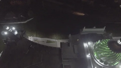 Flying backwards over beautiful building in Kazan at night near Kazan Kremlin Stockbeeldmateriaal 71777650