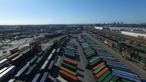 Flying backwards over a rail yard Stock Footage 89111728
