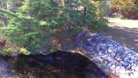 Flying Backwards Over a River with a Dam Video stock 97534567