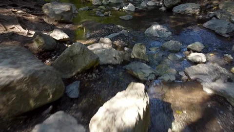 Flying backwards over a small creek. Sunrays passing through the trees. Video stock 152047319