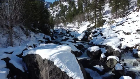Flying Backwards Over Snowy Mountain River Rapids and Waterfalls 스톡 동영상 187791413