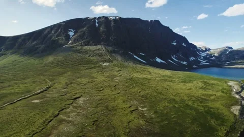 Flying Backwards Over Tundra Landscape by Blåhøa Mountain and Lake in Norway Stock Footage 329246261