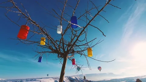 Flying balloons and a tree with colored lanterns. Stock Footage 139619566