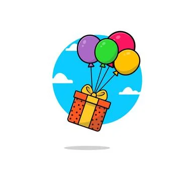 Flying Balloons with Gift Box Flat Design Vector Illustration. Stock Illustration