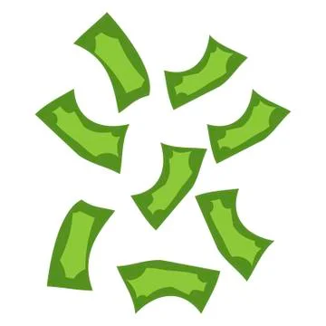 Flying banknotes dollars in flat style isolated on white background. Money rain Stock Illustration