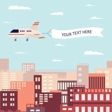 Flying banner pulled by airplane flying over a modern city flat vector Stockillustratie