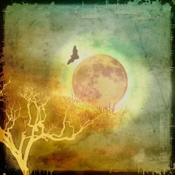Flying bat and bare branches on full moon. Stock Illustration