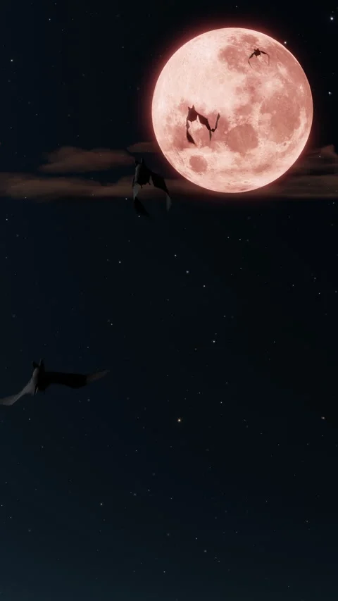 Flying Bats Across Full Moon Night Sky in Vertical Format Stockbeeldmateriaal 345147295