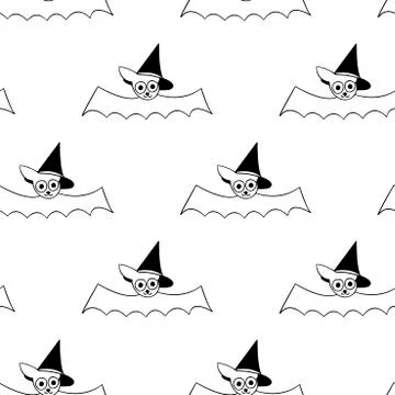 Flying bats seamless pattern. Cute outline vector illustration. Halloween bac Stock Illustration
