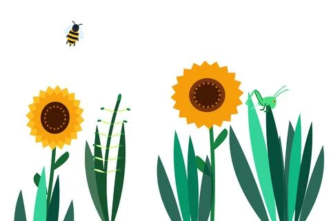 Flying bee and grasshopper visiting blooming sunflowers on transparent Stock Illustration