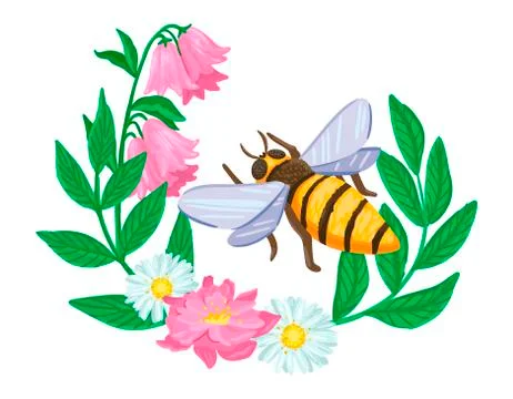 Flying bee in a frame of flowers and plants. Vector illustration Stock Illustration