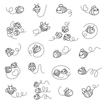 Flying bee set in outline line art Stock Illustration