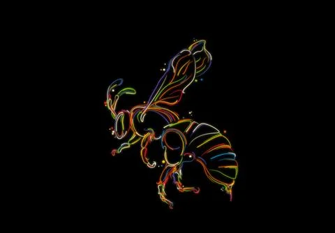 Flying bee sketch, stylized vector hand drawing in colors over black Stock Photos