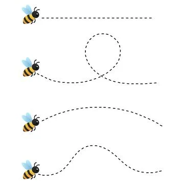 Flying bees with dotted flight path vector set Stock Illustration