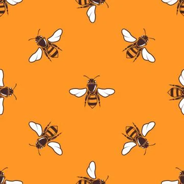 Flying bees vector seamless pattern in bright orange 스톡 일러스트