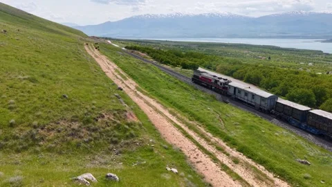 Flying Beside a Freight Train with Lake and Apricot Orchard Views Stock Footage 340528743