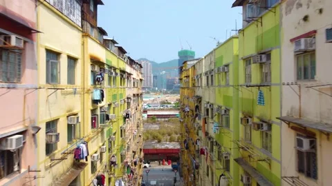 Flying between buildings in dense old district, Hong Kong Stock Footage 150445797