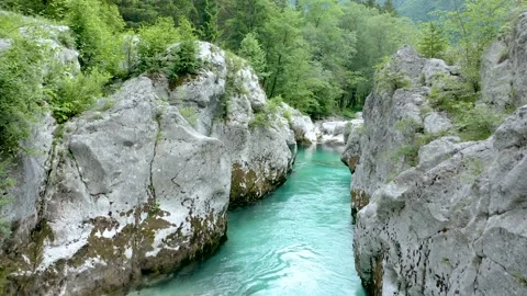 Flying Between Great Soča Gorge With Emerald Soča River Floating. Stock Footage 230328918