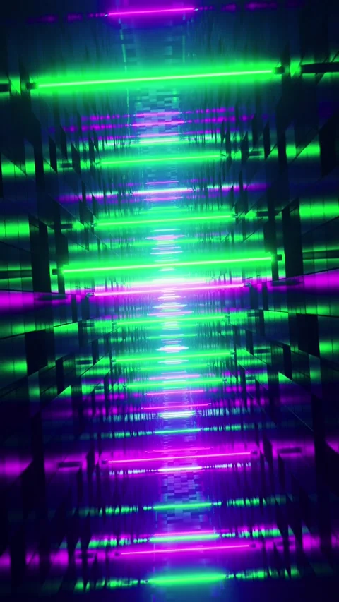Flying between green and red fluorescent lights. Vertical looped video Stock Footage 228026226