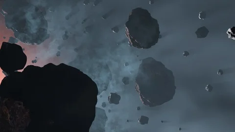 Flying between many Asteroid rocks inside a light blue fog with a red glow Stock Footage 108648098