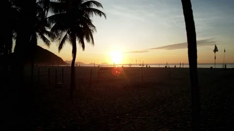 Flying between palm trees towards the ocean at Copacabana Beach, Rio de Janeiro Stock Footage 231124262