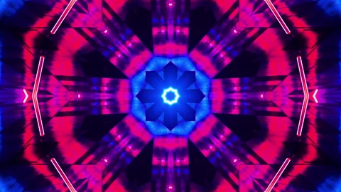 Flying between red and blue fluorescent lights. Kaleidoscope Infinitely looped Stock Footage 203710957