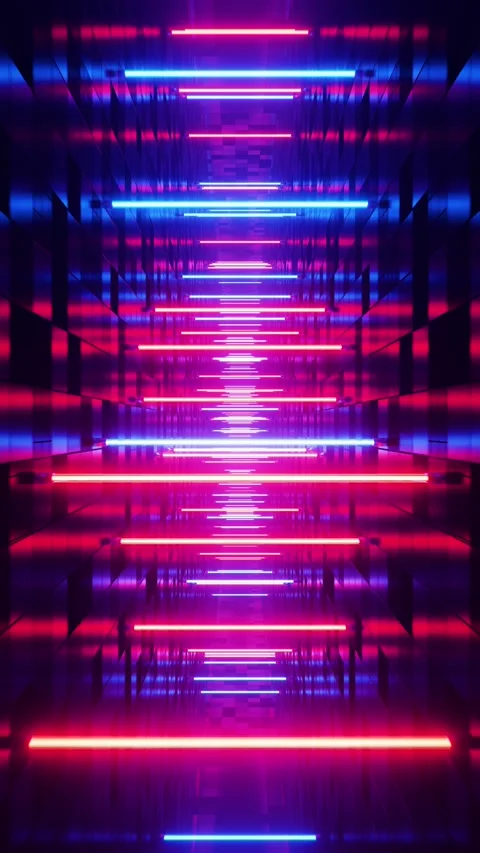 Flying between red and blue fluorescent lights. Vertical looped video Stock Footage 226370293