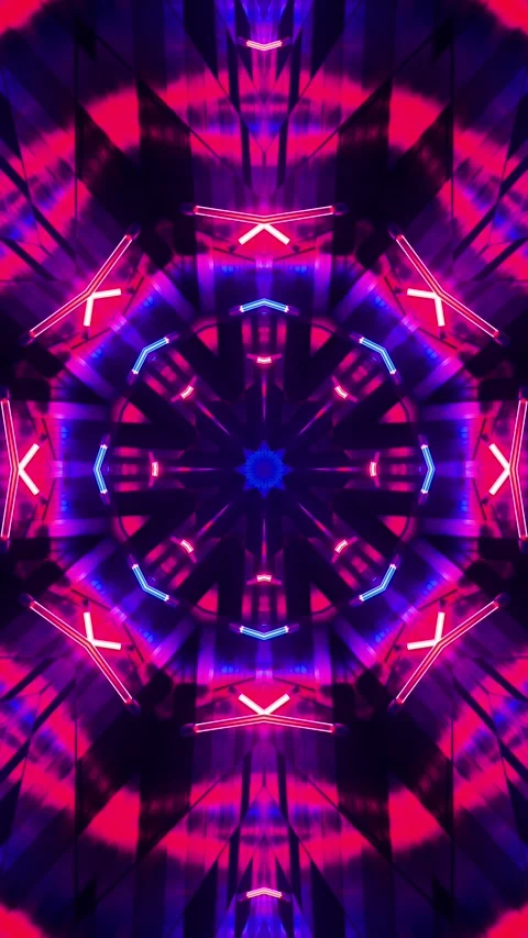 Flying between red and blue fluorescent lights. Kaleidoscope Vertical loope.. Stock Footage 228028244