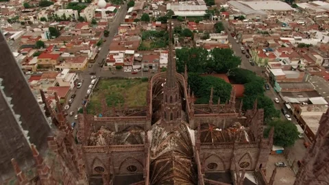 Flying Between The Towers Of Gothic Revival Catholic Cathedral In Zamora de Stock Footage 337116067